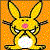 Yellow cartoon rabbit with pink nose and white belly on orange pixelated background, surrounded by orange text elements.