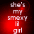 Red background with white text reading 'she's my smexy lil girl' in four , each showing a different pixelated glow pattern
