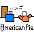 Animated sequence showing a white figure interacting with a blue box and brown door, with orange pie and flame effects, repeated text "AmericanPie" below each frame.