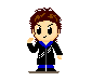 Pixel art character with brown hair in black and blue outfit, shown in multiple poses with hand gestures and facial expressions.