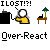 Animated sequence of a yellow figure with white head performing actions around a black trash can and brown table with green lamp, with 'Over-Reaction' text below each frame.