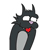 Pixelated character with dark gray body, white eyes, pink nose, red mouth, and two black horns on head against plain background.
