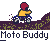Pixel art contact sheet showing five sequential frames of a motorcyclist character riding over terrain with text repeating "Moto Buddy" beneath each frame.