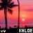 Pixelated sunset scene with palm trees and a bright sun over water, featuring text "KHLDE" and orange heart symbols.