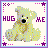 Pixelated cartoon teddy bear icon with purple text "HUG" and "ME" on a light background, framed by decorative pixel art borders.