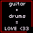 Four identical pixel-art display 'guitar + drums = LOVE <33' with red borders; one has a red heart, another a red star
