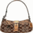 A pixelated brown handbag with a curved handle and patterned surface, featuring a central light-colored rectangular section.