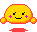 Yellow pixelated character with red outline and pink blush marks, displaying multiple facial expressions and poses across a