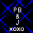 Blue diamond lattice background with white text 'PB & J' and 'xoxo' in four identical quadrants.