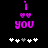 Pixelated purple 'i' above two hearts, 'you', and a of white plus signs with one gray sign on black background