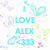 Pixelated icon with cyan text 'I LOVE ALEX' and date '03.11', surrounded by pastel hearts in purple, green, yellow, pink on white background.