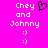 A bright pink background displays white pixelated text reading 'Chey and Johnny' with two smiley faces below, a black heart symbol above the right side of the text.