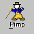 Pixelated character in blue jacket, yellow overalls, and black top hat holding a brown cane with text "Pimp" below.