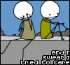 Pixelated cartoon figures on a gray platform with blue background, text reading "And I swear I tried to care" below.