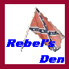 12 pixelated images showing a Confederate flag and a cartoon character with text 'Rebel's Den' in blue or red, some frames displaying motion blur effects