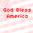 Red text 'God Bless America' on a pink and white striped background with faint star patterns.
