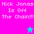 Pixelated text "Nick Jonas Is Off The Chain!!!" on split background with cyan star symbols, alternating between pink and cyan backgrounds.