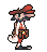Pixel art character in red outfit walking through four sequential poses with arms swinging and head turning left to right.
