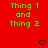 Red background with green text 'Thing 1 and Thing 2' and pixelated heart/arrow symbols in three , gray rectangle at bottom right