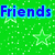 Green pixelated background with white stars and blue text fragments reading 'Friends', 'never say', and black text fragment 'goodbye' at bottom.