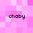 Pixelated pink background with four instances of the text 'chaby' in black pixel font at top-left, top-right, bottom-left, and bottom-right positions