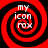 Four identical red and black spiral patterns arranged in a , each containing white text reading 'my icon fox' in a curved layout