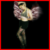 Animated figure with translucent wings, dark shorts, and fishnet stockings in a dynamic pose against black background.