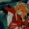 Anime character with orange hair in red and white outfit, holding a sword-like object against blue background.