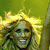 A pixelated image of a woman with blonde hair wearing a pink skirt and blue-trimmed top, with a green heart-shaped graphic containing text.