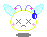 Pixelated character with closed eyes, pink cheeks, and blue headphones, shown in four variations with wing and shadow position changes.