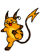 Animated sequence of a yellow cartoon creature with brown accents, lightning-shaped tail tip, and small horns performing various poses against gray background.