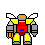 Pixel art robot with red torso, yellow shoulder pads, gray arms and legs, orange head, blue chest symbol, white wing-like appendages, and smoke effects in some frames.
