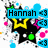 Animated icon with yellow star, black outline, green dots, pink flowers, blue hearts, and scattered cyan circles on white background.