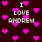 Pixelated dark brown background with scattered pink hearts and repeated white text "I LOVE ANDREW" in blocky font.