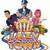 Pixelated group of five figures in dynamic poses around a central structure with columns, rendered in warm and cool tones.