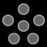 Six distinct gray geometric shapes on black background with one white rectangle; includes circles, plus sign, hexagon, and abstract forms.