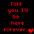 Red pixelated text on black background reads "Told you I'll be here forever." with a heart symbol, displayed in multiple