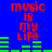 Blue background with red text 'music is my life' and green horizontal bars in four quadrants, each quadrant showing different bar patterns.
