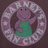 Purple dinosaur in green shirt inside circular frame with white stars and text, static pixel art style.