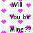 Pixelated text 'Will You be Mine ??' surrounded by pink hearts on a white background, with visible pixelation and partial text in some areas.