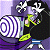 A 50x50 pixel animated buddy icon featuring a cartoon character with dark hair and yellow accents, holding a striped object against a purple background on the left frame, transitioning to green text reading "Original Icons .com" on the right frame.