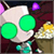 Pixelated icon with large green circular eyes, white face, and dark red background elements including purple and yellow shapes.