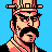 Pixel art portrait of a character with dark hair and mustache wearing a hat, rendered in pink, black, and beige tones against a solid blue background.