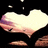 A pixelated heart-shaped icon with gradient colors transitioning from purple to pink on the left and white on the right, set against a black background with scattered light specks.
