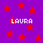 Purple background with red stars and four instances of the text 'LAURA' in white pixelated font.