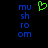 A static image with blue text 'mushroom' arranged vertically on both sides of a green pixelated heart symbol against black background.