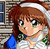 Pixelated cartoon character with brown hair and green eyes wearing a white headband and blue-and-white outfit against a striped background.