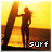 Animated contact sheet of a surfer silhouette holding a surfboard against a sunset background with "surf" text at the bottom right corner.