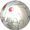 Animated sequence showing a cartoon character's face with red eyes and blue hair, transitioning from closed eyes to open mouth while text elements change color and shape.