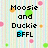 Pixelated text reads "Moosie and Duckie BFFL" on a pastel striped background with scattered colored dots.